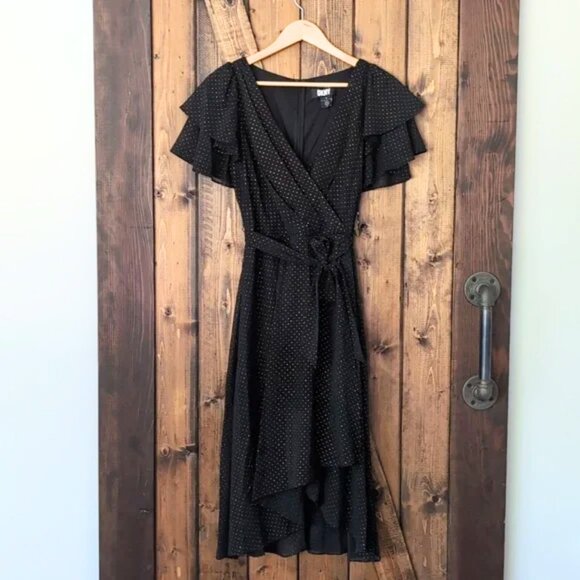 DKNY Women's Balloon Sleeve Party Dress Semi Black With Gold Dots EUC Size 6 - Picture 1 of 4